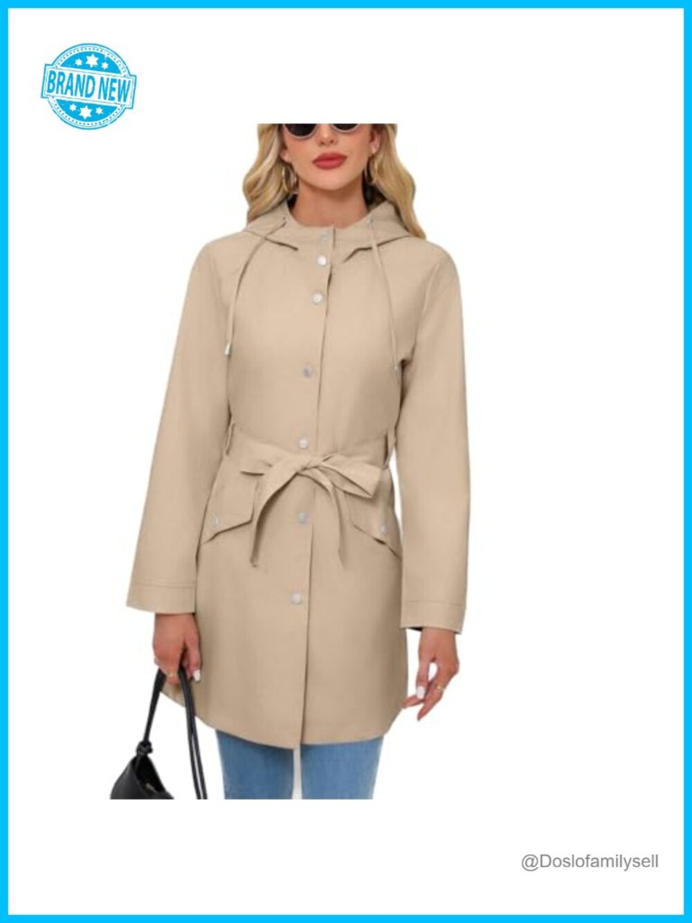 Women's Hooded Trench Coat Slim Fit Waterproof Belted Rain Jacket